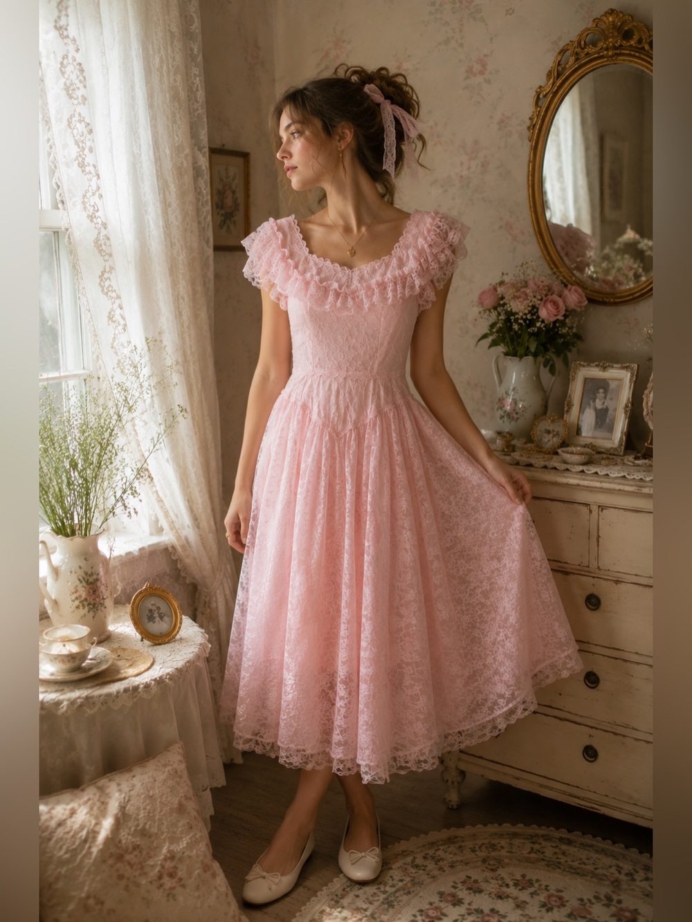 Vintage Dead-stock Steppin Out Lace Ruffle Princess Cut Coquette Dress